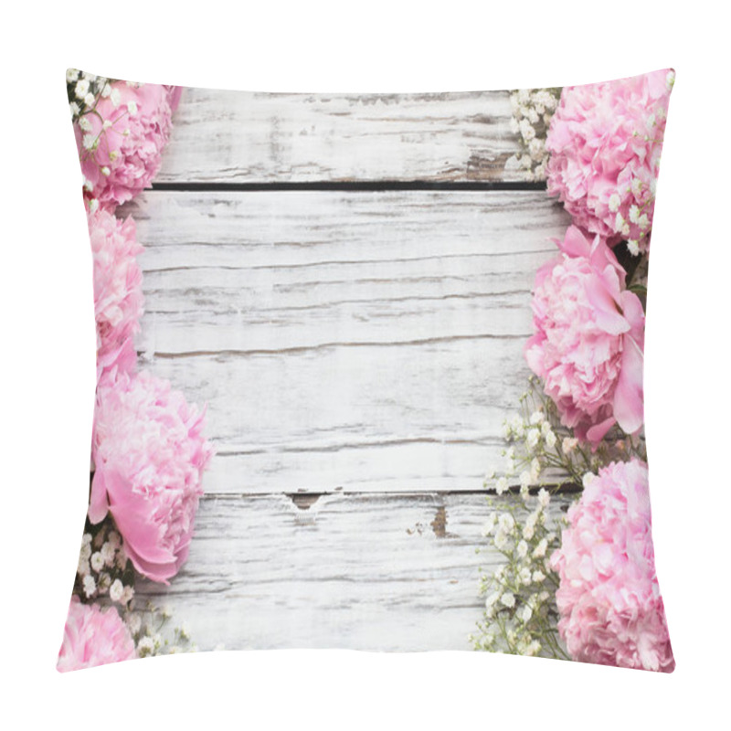 Personality  Pink Peonies And Babys Breath Flowers Over A White Wooden Backgr Pillow Covers