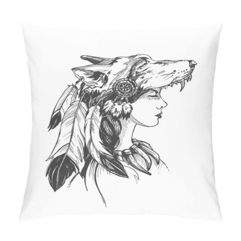 Personality  Vector Hand Drawn Illustration Of Woman Shaman Wearing Wolf Ethnic Spiritual Headdress In Vintage Engraved Style. Portrait Isolated On White Background. Pillow Covers