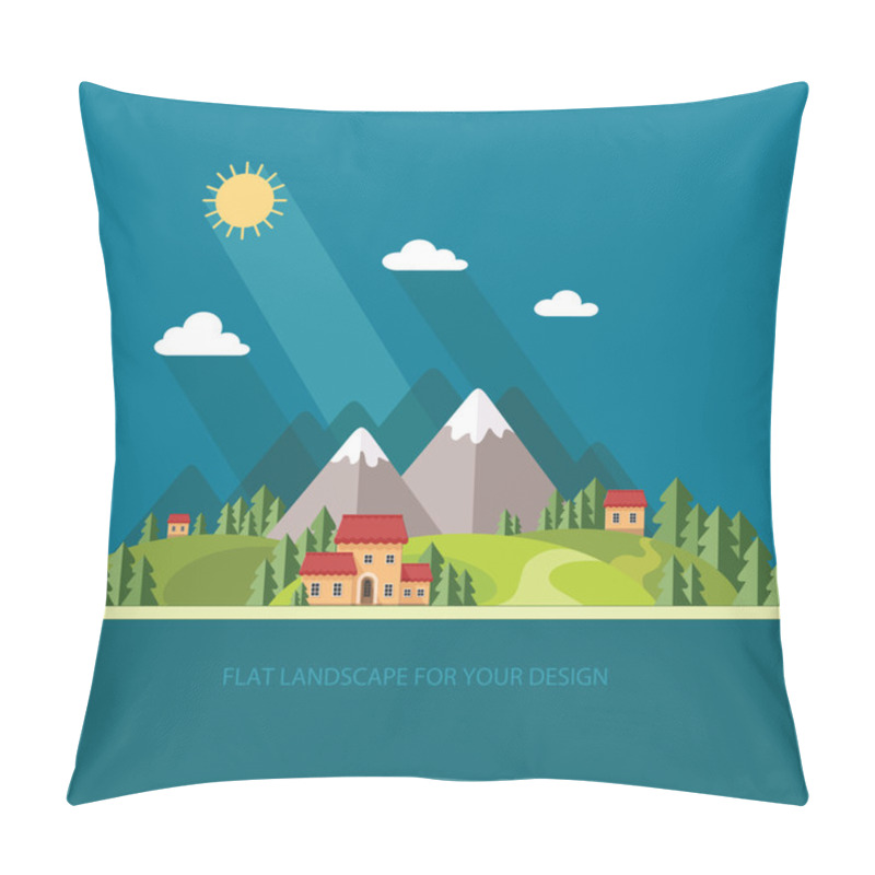 Personality  Landscape. Houses In The Mountains Among The Trees. Flat Style,  Pillow Covers