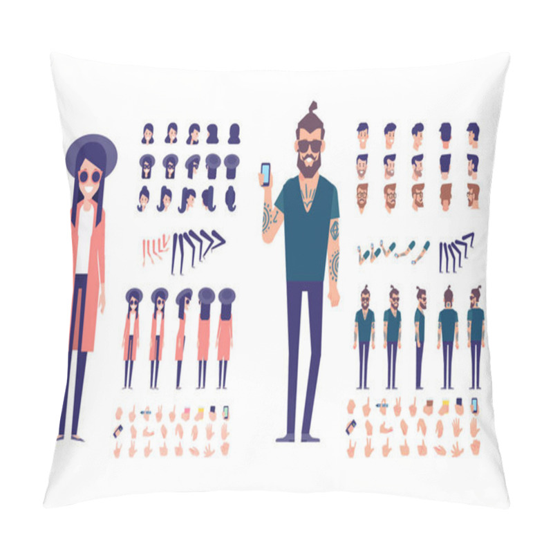 Personality  Front, Side, Back, 3/4 View Animated Characters. Young People Creation Set With Various Views, Hairstyles And Gestures. Cartoon Style, Flat Vector Illustration. Pillow Covers