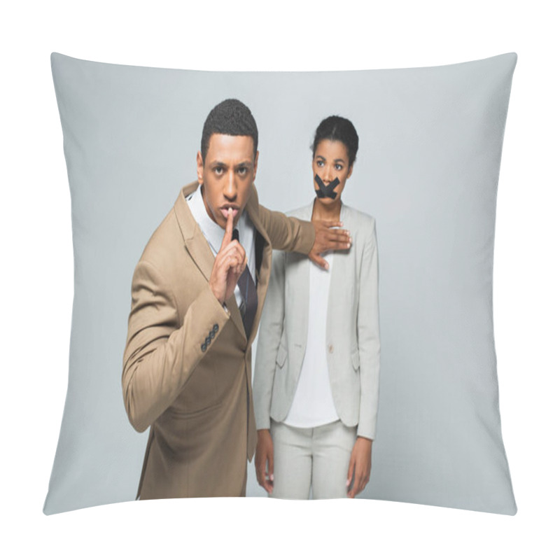 Personality  Arrogant African American Businessman Showing Hush Sign And Pushing Away Businesswoman With Scotch Tape On Mouth Isolated On Grey Pillow Covers