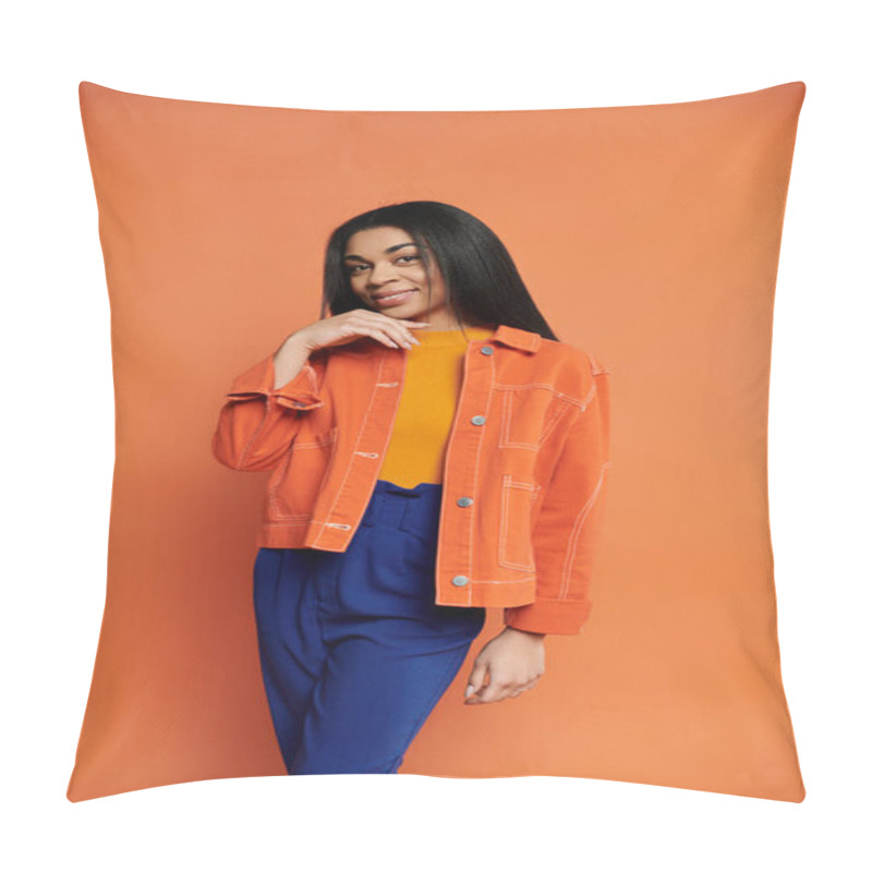 Personality  A Vibrant Moment Of A Confident Woman Showcasing Her Stylish Outfit. Pillow Covers