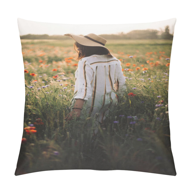 Personality  Stylish Girl In Hat Walking In Wildflowers In Sunset Light In Summer Meadow. Young Woman In Linen Dress Walking Among Poppy And Cornflowers In Countryside. Rural Slow Life. Enjoying Simple Life Pillow Covers