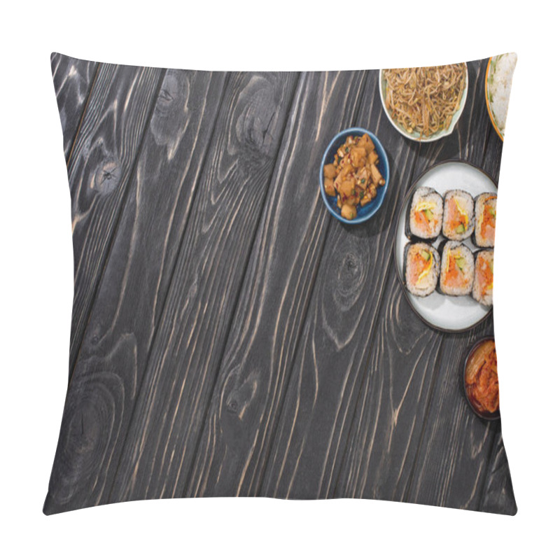 Personality  Top View Of Bowls With Korean Side Dishes Near Tasty Rice Rolls On Wooden Surface  Pillow Covers