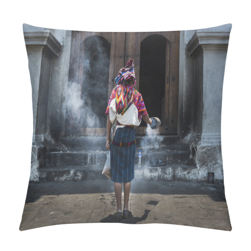 Personality  Mayan Woman Performing A Ritual In Front Of The Santo Tomas Church In The Town Of Chichicastenango, In Guatemala Pillow Covers