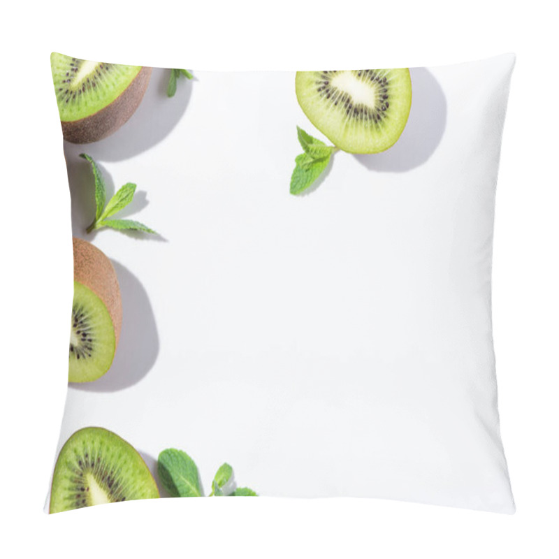 Personality  Top View Of Ripe And Green Kiwi Fruit Halves Near Peppermint On White  Pillow Covers