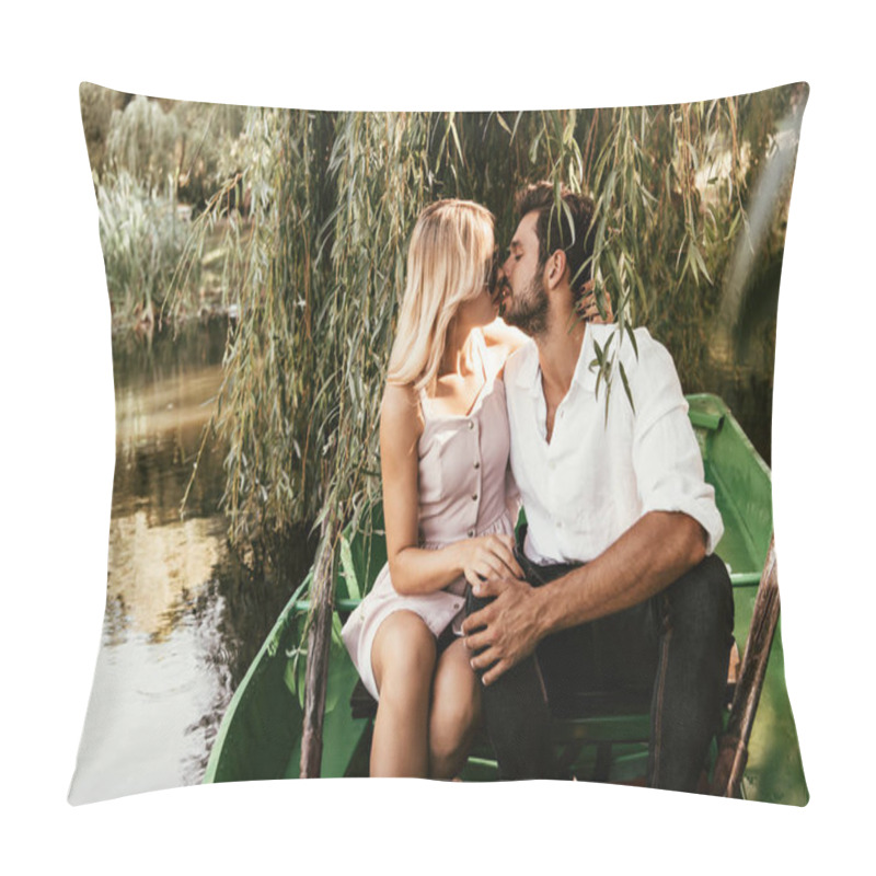 Personality  Happy Young Couple Kissing While Sitting In Boat On Lake Pillow Covers