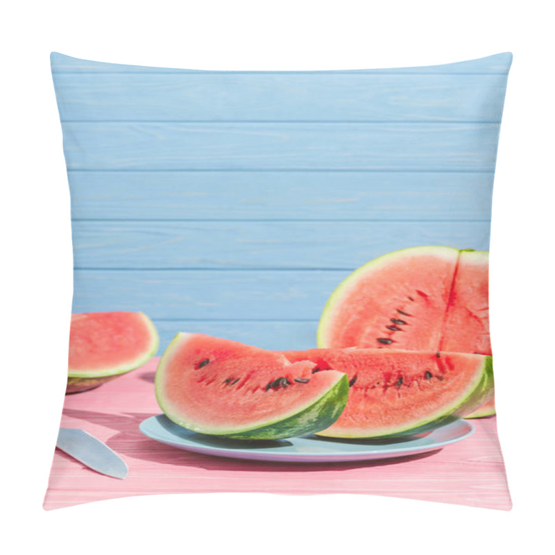 Personality  Close Up View Of Watermelon Pieces And Knife On Pink Tabletop On Blue Backdrop Pillow Covers