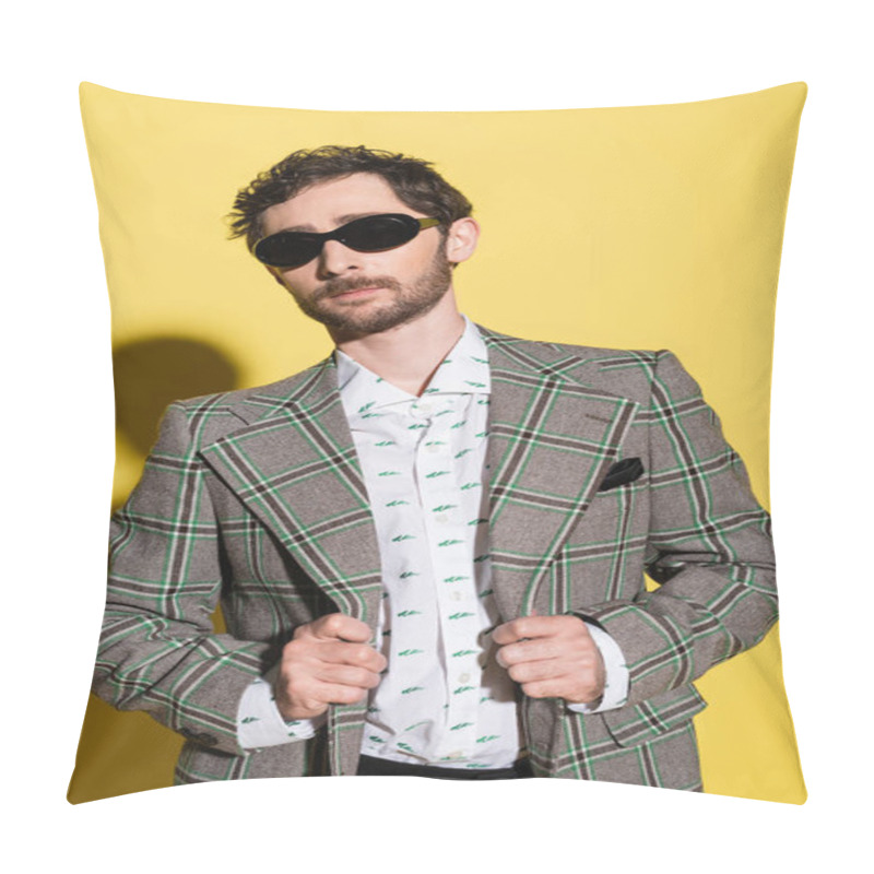 Personality  Stylish Man In Sunglasses Touching Checkered Jacket On Yellow Background  Pillow Covers