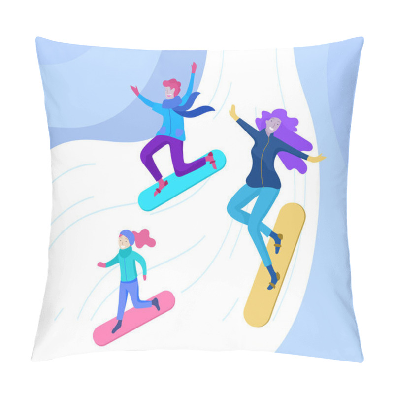 Personality  People Dressed In Winter Clothes Or Outerwear Performing Outdoor Activities Fun. Snow Festival, Sledding And Snowboard. Christmas Family Ski Skating, Making Snowman, Skiing Pillow Covers