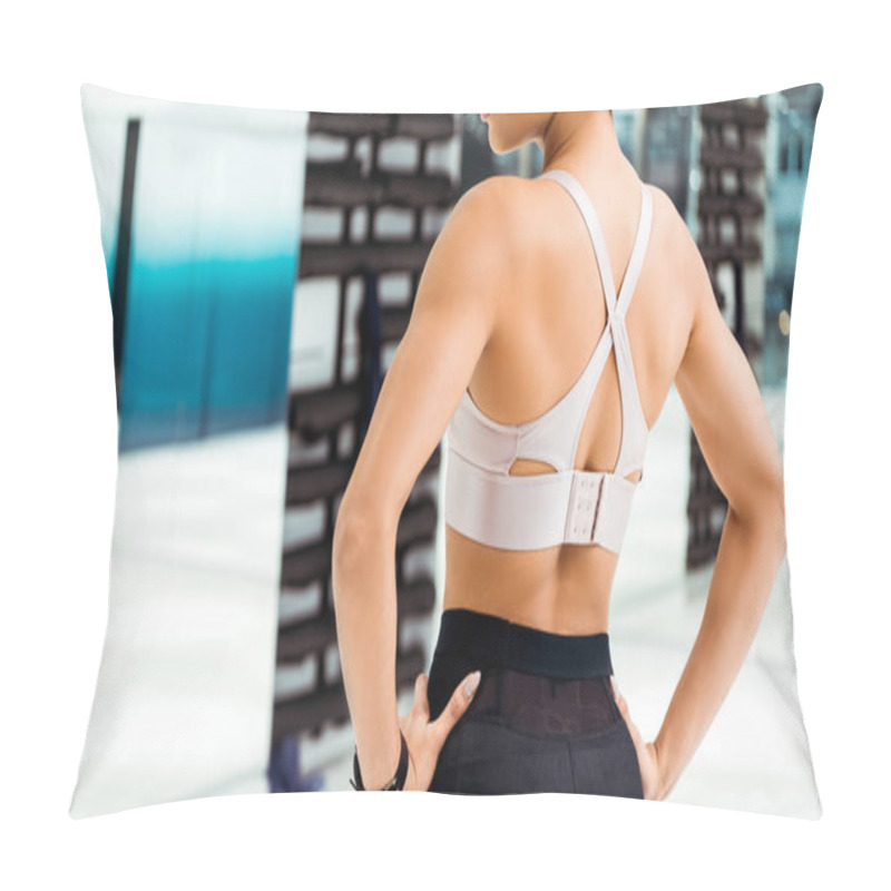 Personality  Back Partial View Of Girl In Sportswear In Fitness Gym Pillow Covers