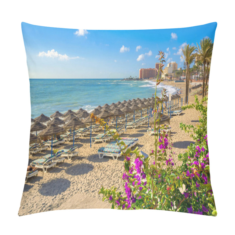 Personality  Beach With Umbrellas And Sunbeds At Benalmadena Beach Pillow Covers