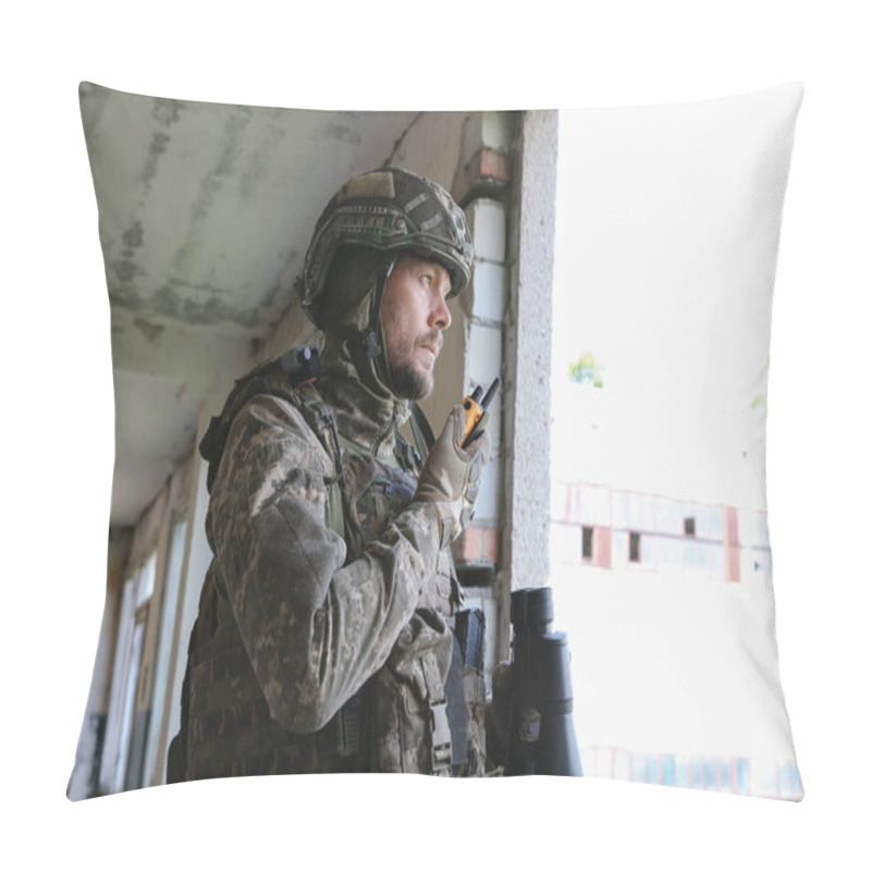 Personality  Military Mission. Soldier In Uniform With Radio Transmitter Inside Abandoned Building, Space For Text Pillow Covers