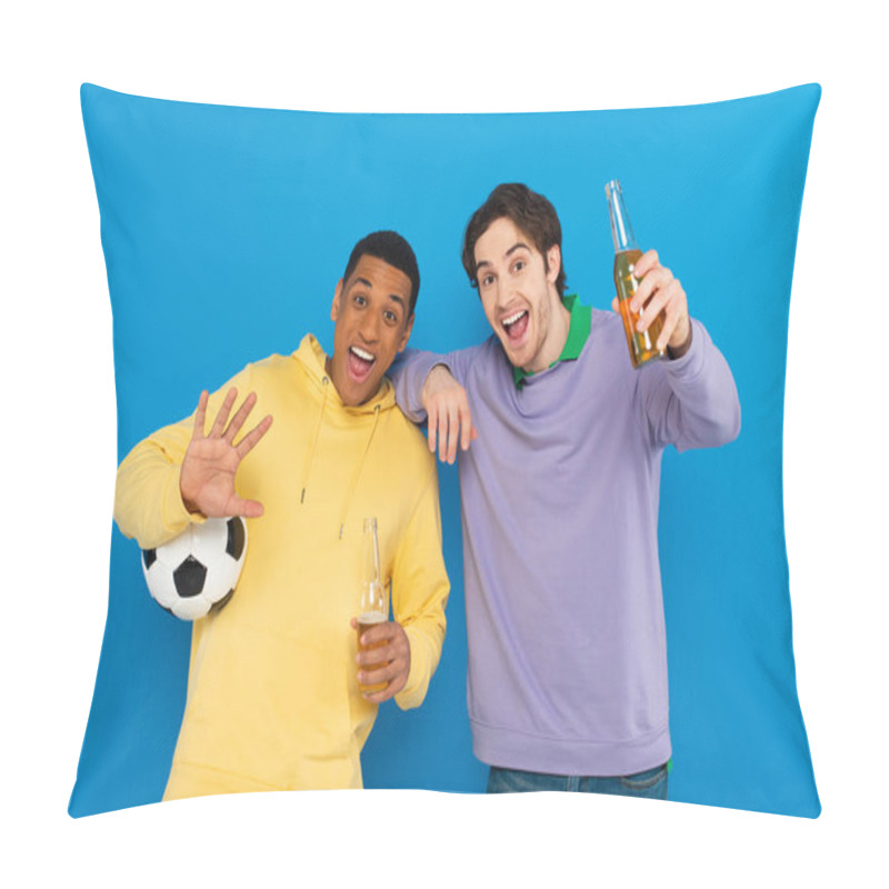 Personality  Excited Interracial Sport Fans Holding Football And Bottle Of Beer Isolated On Blue Pillow Covers