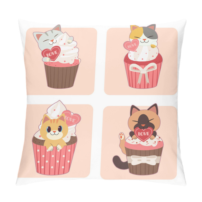 Personality  The Collection Of Cute Cat Sitting In The Cupcake On The Pink Background. The Character Of Cute Cat In Valentine Day Theme. The Character Of Cute Cat In Flat Vector Style. Pillow Covers