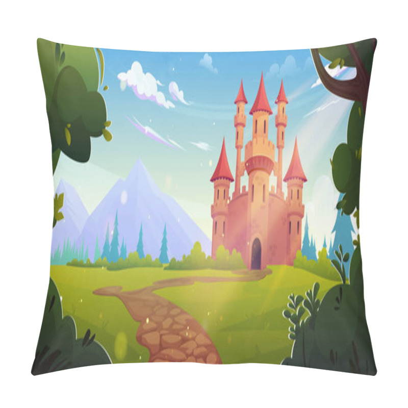 Personality  Medieval Castle In Green Mountain Valley. Vector Cartoon Illustration Of Magic Fairytale Kingdom, Road From Forest To Old Fortress With Stone Towers, Gate And Windows, Clouds In Summer Sunny Sky Pillow Covers