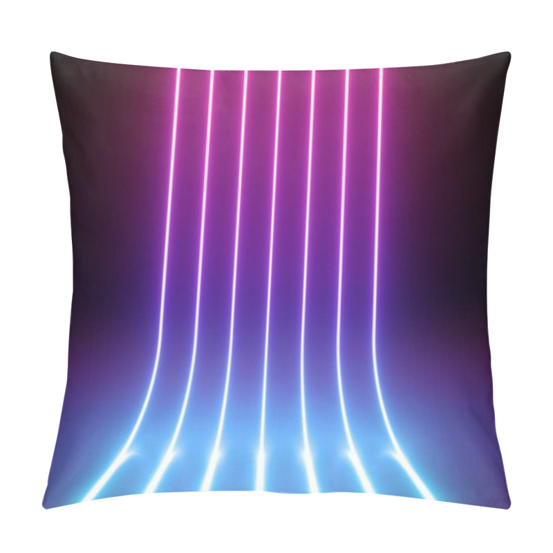 Personality  3d Render, Abstract Vertical Neon Lines Glowing In The Dark. Laser Rays Virtual Performance On The Stage With Floor Reflection. Minimal Geometric Design. Pillow Covers