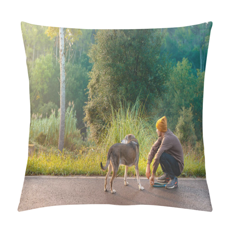 Personality  Young Handsome Man Walking His Dog In Nature With The Rays Of The Morning In Autumn. Friendship And Animal Love Concept. Sun, Warm Glow And Long Shadows. Pillow Covers