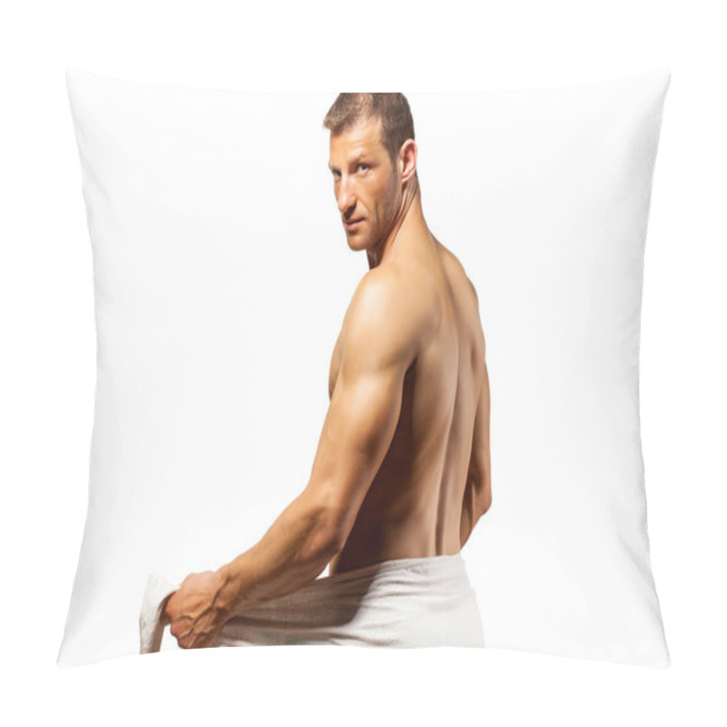 Personality  Half-naked Handsome And Muscular Young Man With Towel Around His Waist Posing On A White Background Pillow Covers