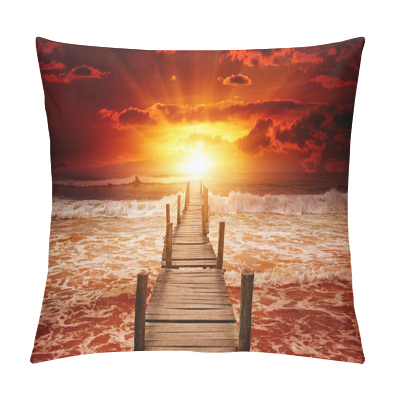 Personality  Pier For Boats Into The Sea. Bright Sunrise Over The Ocean. Pillow Covers