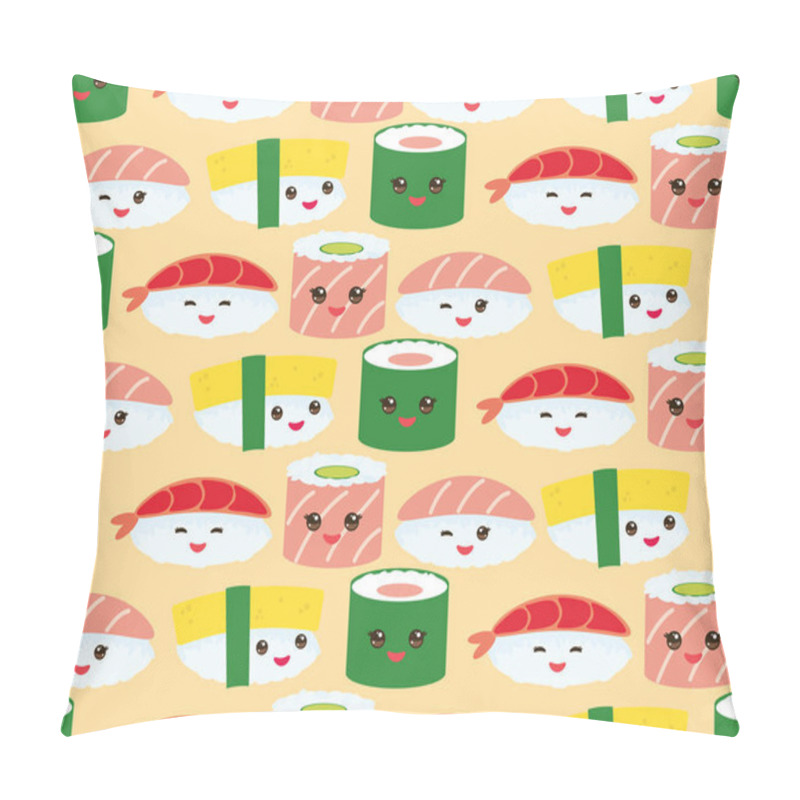 Personality  Seamless Pattern Kawaii Funny Sushi Rolls Set With Pink Cheeks And Big Eyes, Emoji Baby Japanese Background On Orange. Vector Illustration Pillow Covers