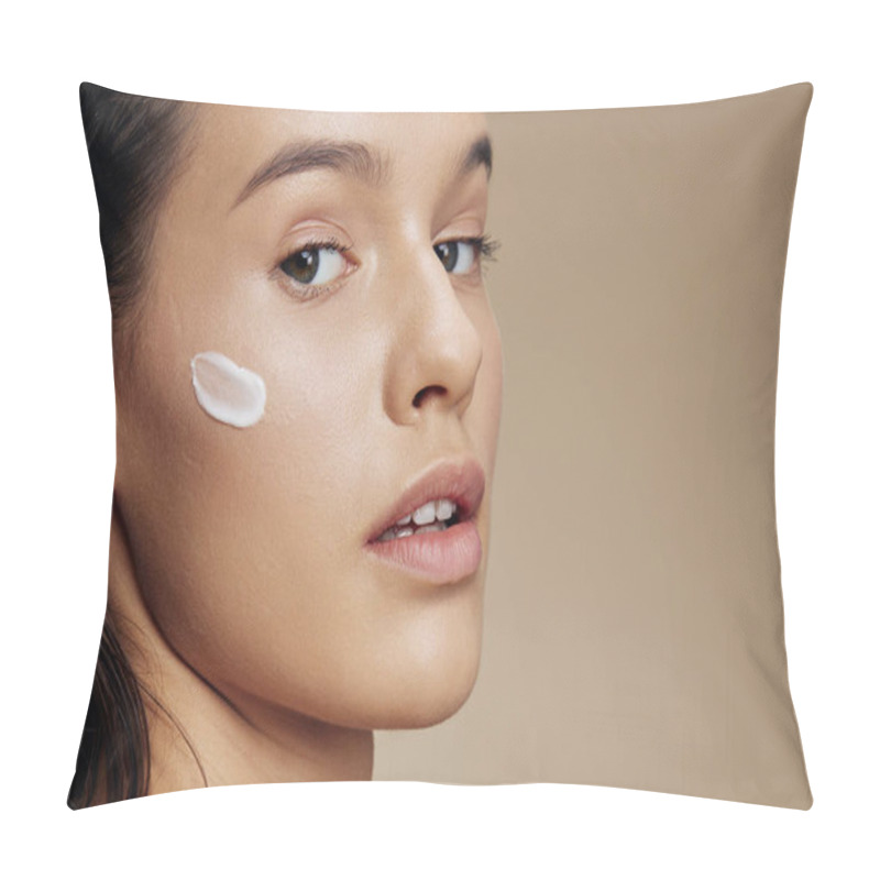 Personality  Beautiful Woman Skin Care By Using White Mask On The Face Beige Background Pillow Covers