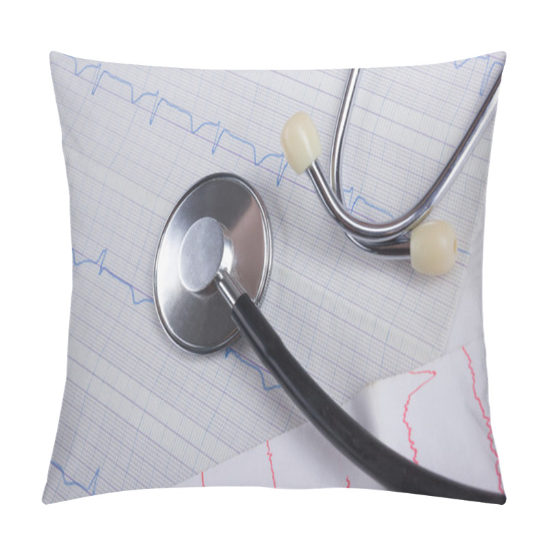 Personality  Cardiogram Pulse Trace And Stethoscope Concept For Cardiovascular Medical Exam, Closeup Pillow Covers