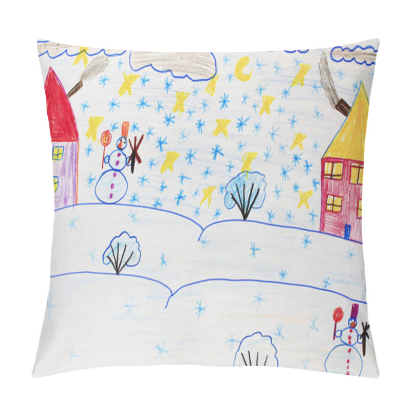 Personality  Children's Drawing Of Houses Standing On The Snowy Hills And Snowfall Pillow Covers