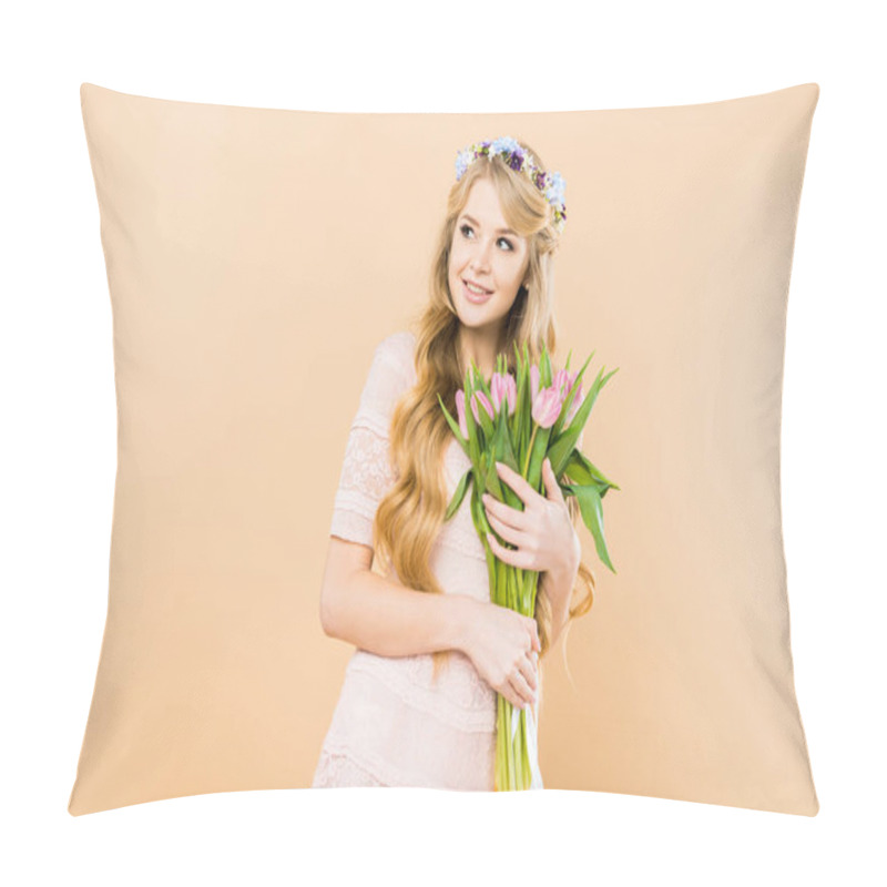 Personality  Smiling Woman In Elegant Lacy Dress And Floral Wreath Holding Pink Tulips And Looking Away On Yellow Background Pillow Covers