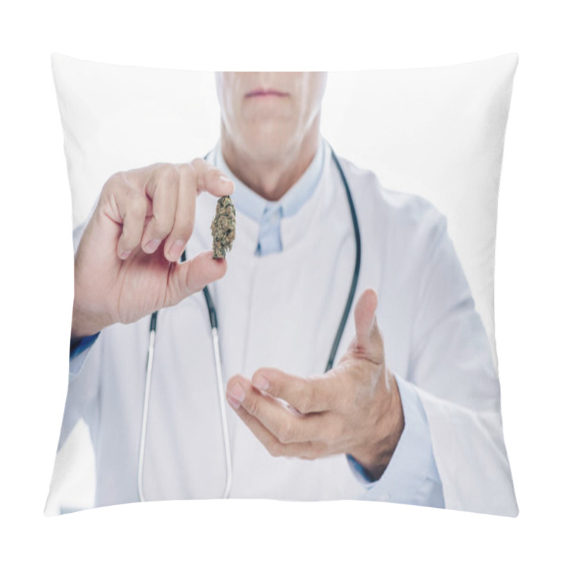 Personality  Cropped View Of Doctor In White Coat Holding Medical Marijuana Isolated On White Pillow Covers