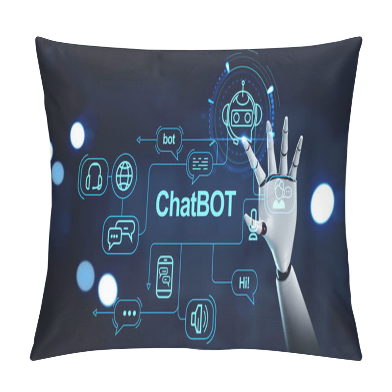 Personality  Robot Finger Touch Chatbot Hologram Hud, Communication And Network Icons. Concept Of Machine Learning And Artificial Intelligence. 3D Rendering Illustration Pillow Covers