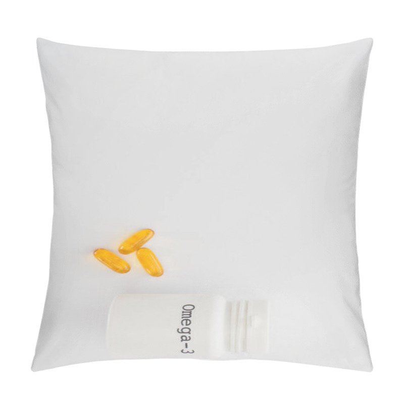 Personality  Top View Of Container With Omega-3 Lettering And Capsules On White Pillow Covers