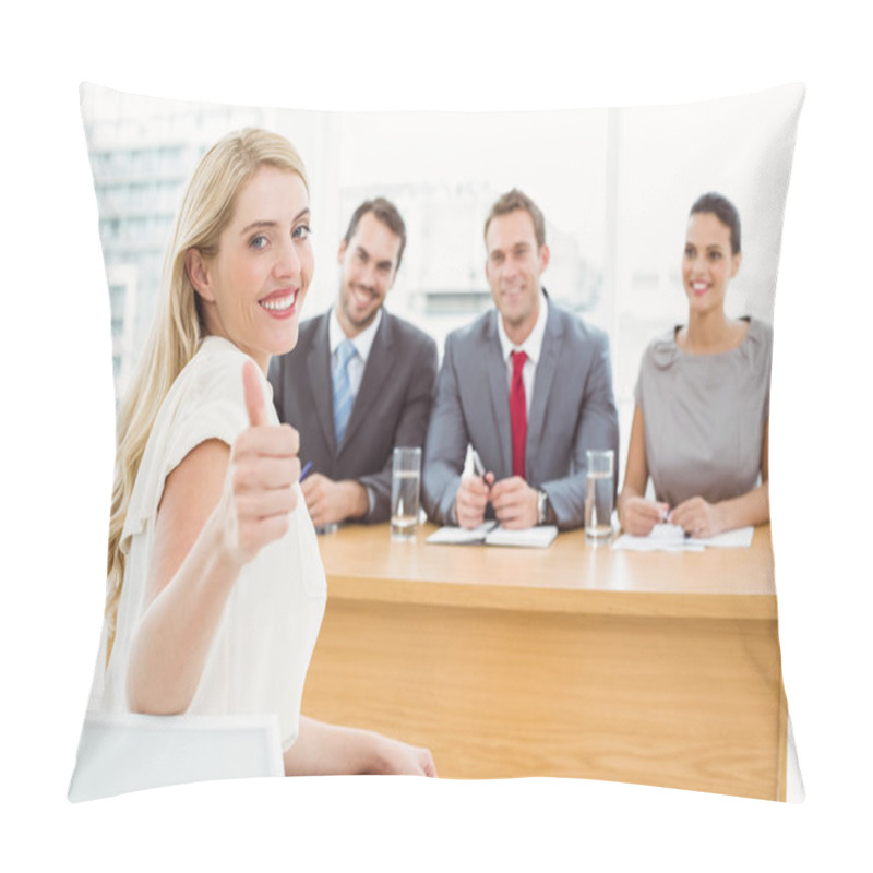 Personality  Woman Gesturing Thumbs Up In Front Of Corporate Personnel Officers Pillow Covers