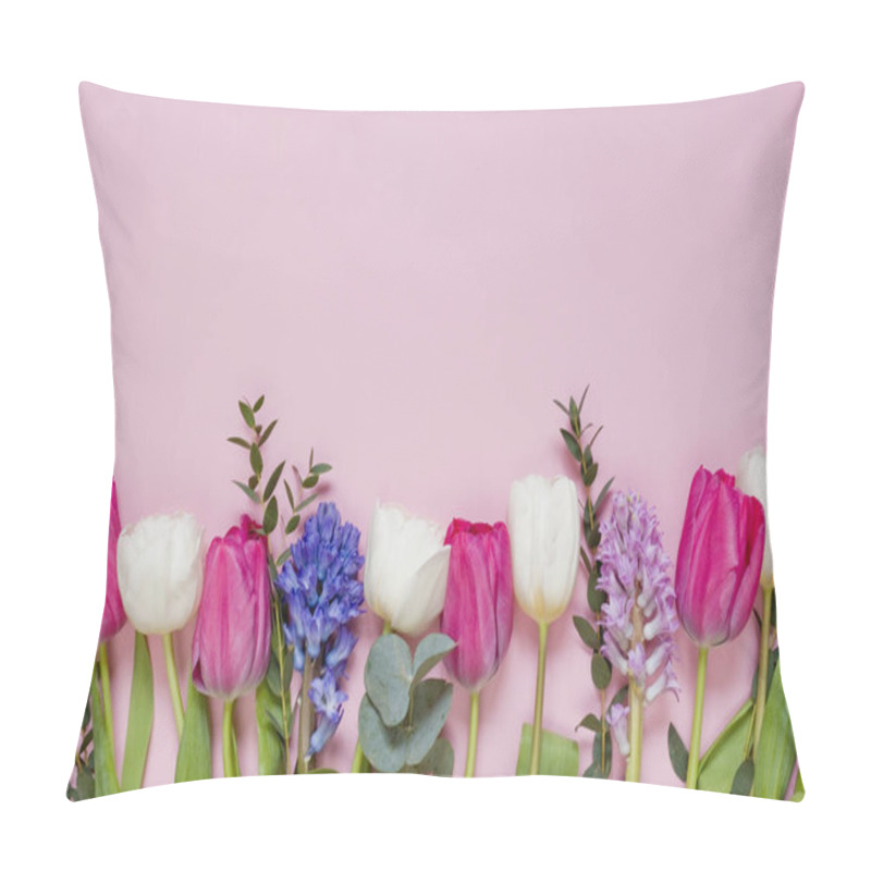 Personality  Spring Flowers Background With Copy Space. Tulips, Hyacinth, Ruscus, Eucalyptus On A Pink Background. Border Flowers Pillow Covers