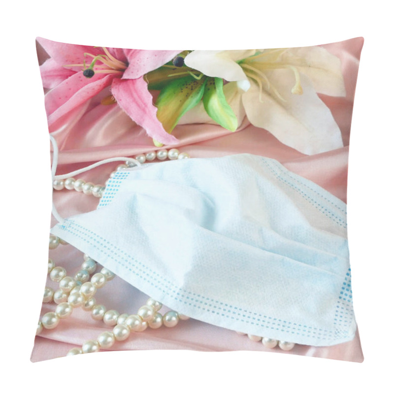 Personality  Gift Box, Blue Medical Mask, Golden Wedding Rings, Pearls Necklace And Pink Flowers Bunch, Wedding And Coronavirus Concept Pillow Covers