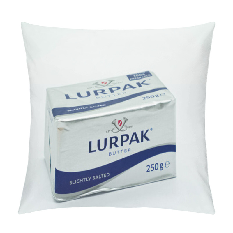 Personality  Irvine, Scotland, UK - April 18, 2020: A Block Of Lurpak Branded Slightly Salted Butter In Recyclable Wrapper Made Of Foil And Recyclable Across Most Of UK Local Authorities. Pillow Covers