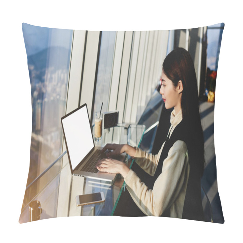 Personality  Young Asian Woman Working With Modern Computer In Cozy Coffee Shop With City Space View Pillow Covers