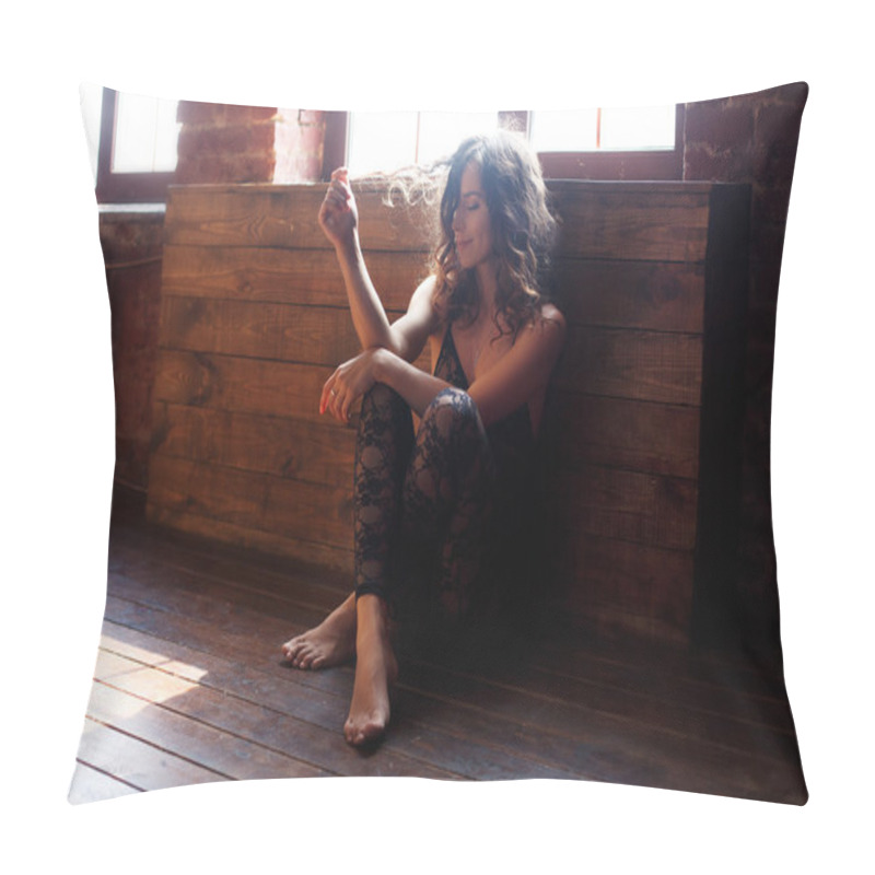 Personality  Beautiful Curly Brunette Sitting By The Window Pillow Covers