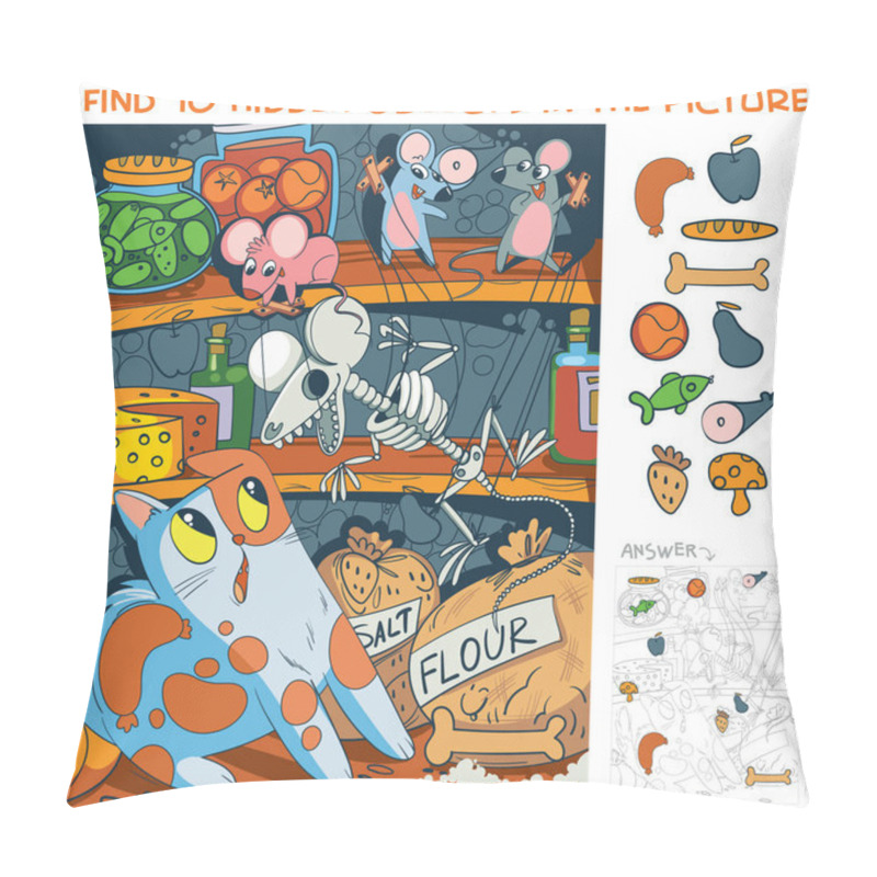 Personality  Mice Scare A Cat With A Toy Skeleton. Find 10 Hidden Objects In The Picture. Puzzle Hidden Items. Funny Cartoon Character Pillow Covers