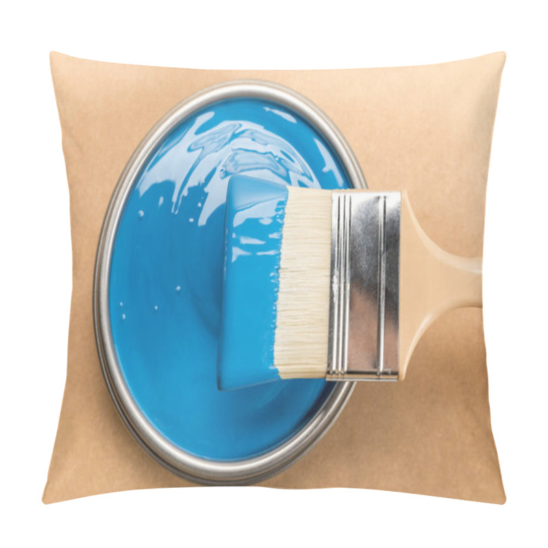 Personality  Top View Of Tin With Blue Paint And Brush On Brown Pillow Covers