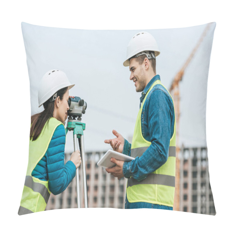 Personality  Surveyors Using Tablet And Digital Level On Construction Site Pillow Covers