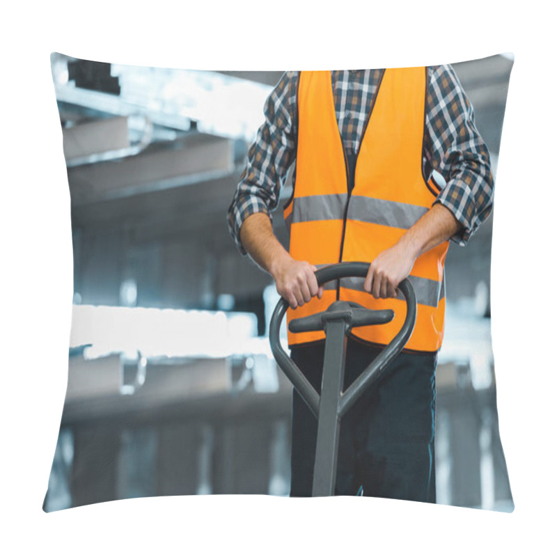 Personality  Partial View Of Warehouse Worker In Safety Vast Standing With Pallet Jack Pillow Covers