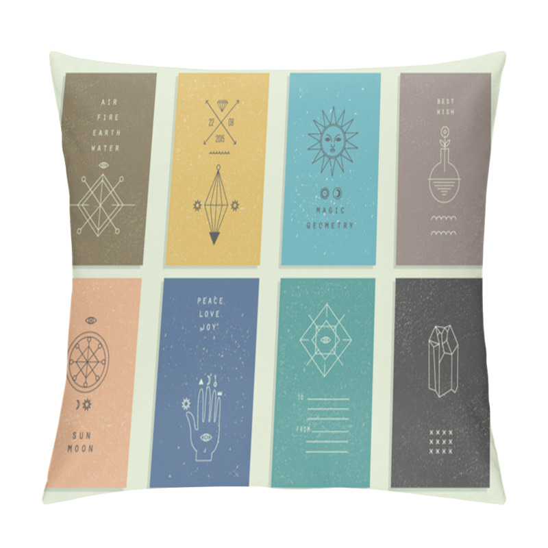 Personality  Set Of Vector Trendy Cards With Geometric Icons. Alchemy Symbols Collection Pillow Covers