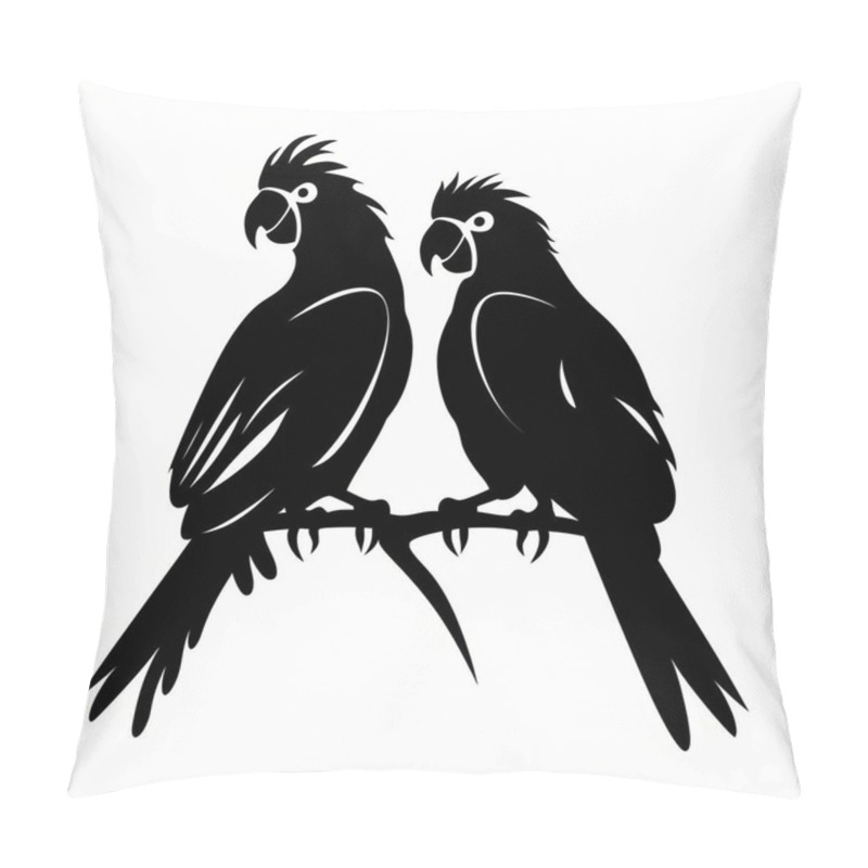 Personality  Two Stylized Black Parrots Perched On A Branch, Showcasing Their Vibrant Silhouettes. Pillow Covers