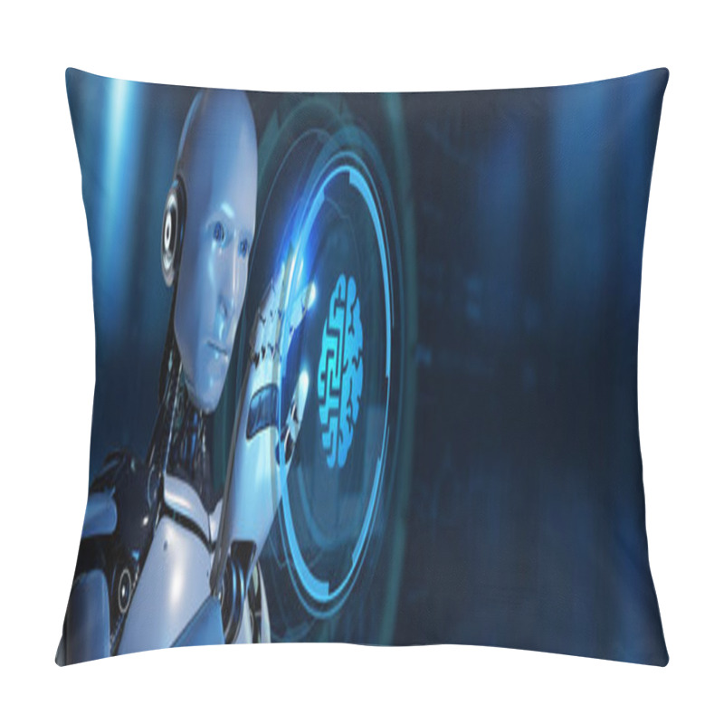 Personality  Artificial Intelligence (AI), Machine Learning And Modern Computer Technologies Concepts. Robot Pressing Button On Virtual Screen. 3d Render Pillow Covers