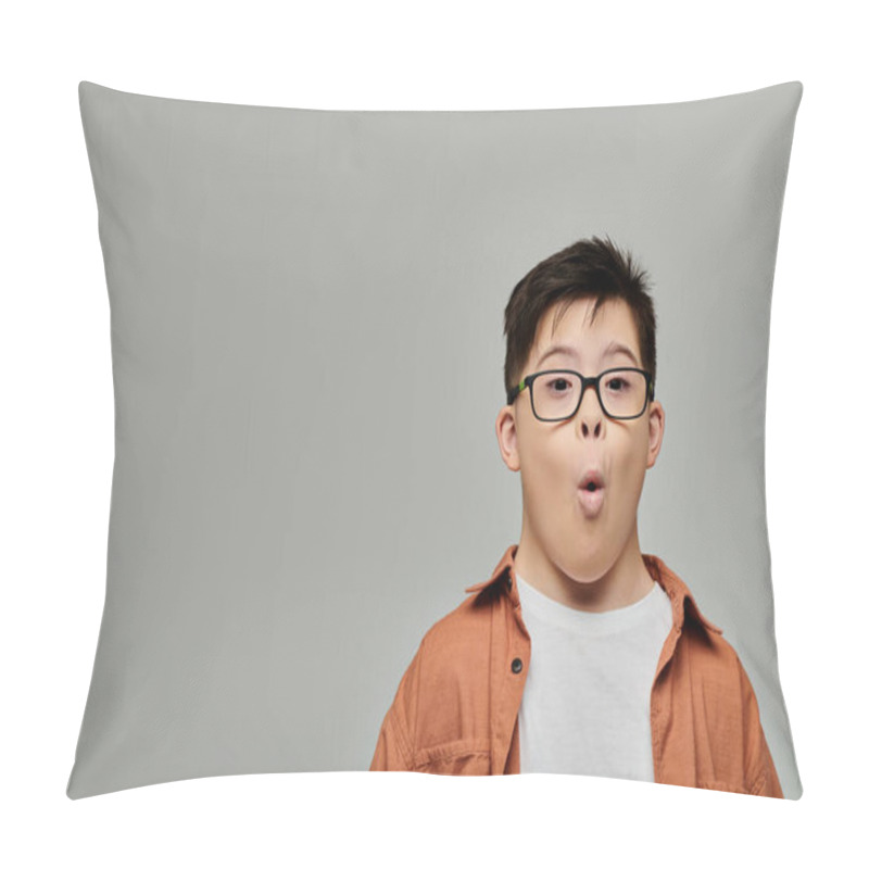 Personality  A Little Boy With Down Syndrome Makes A Silly Expression. Pillow Covers