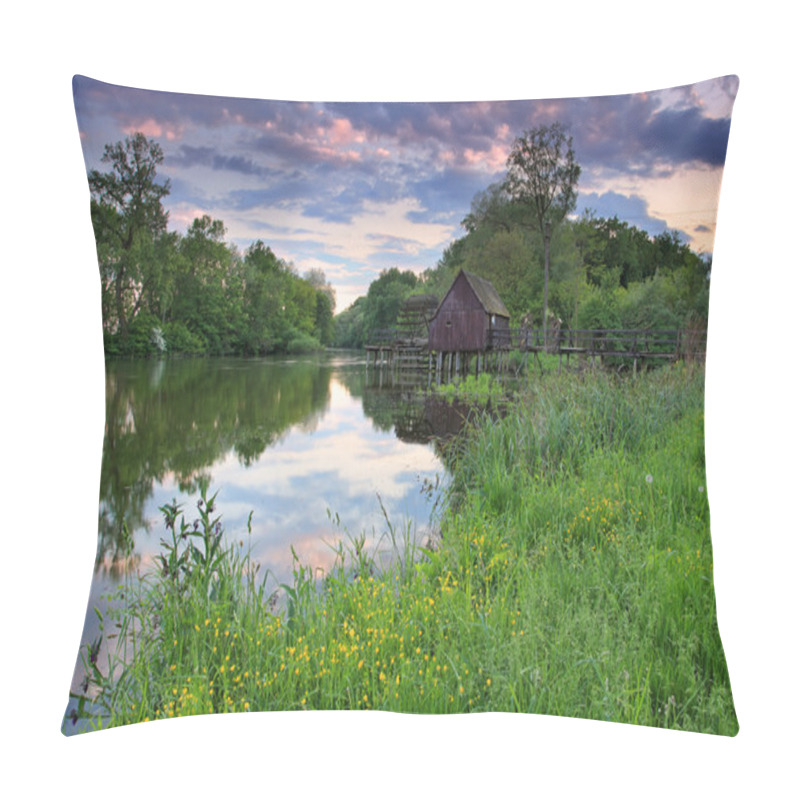 Personality  Spring Landscape At Sunset With Watermill And River Pillow Covers