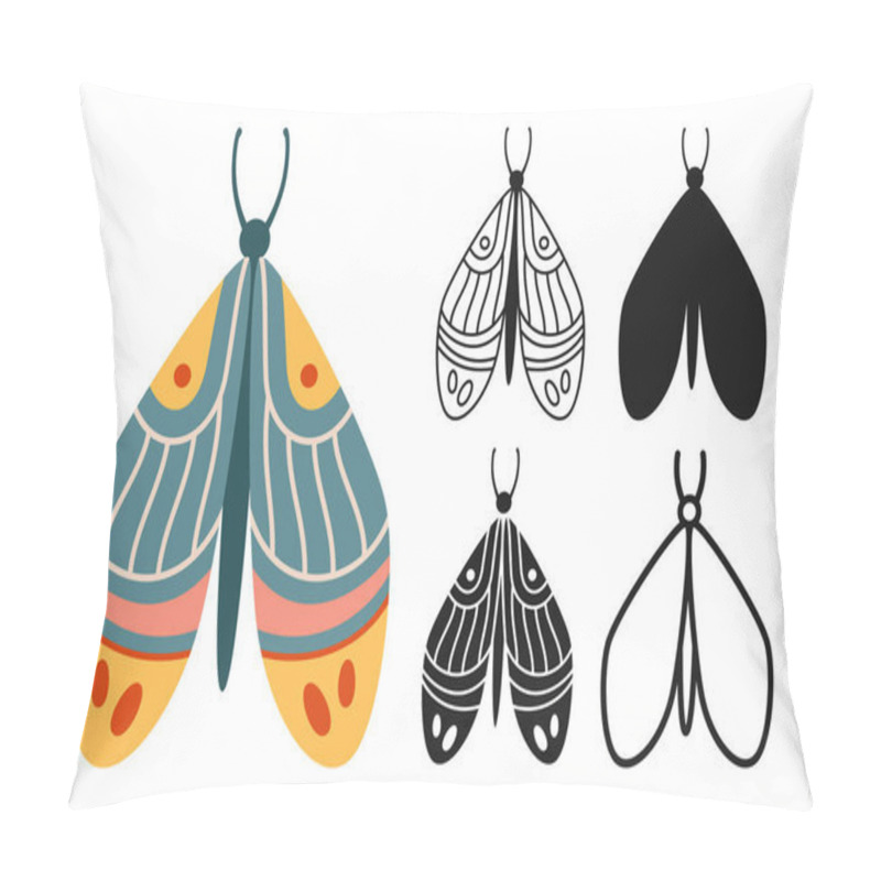 Personality  Butterfly Fantasy Retro Fantasy Set. Mystical Bohemian Moth Symbol Insect Wings With Ornament. Colored, Silhouette Or Symbol, Doodle Tattoo Line Ornate Celestial Moth. Ornate Decoration Trendy Vector Pillow Covers