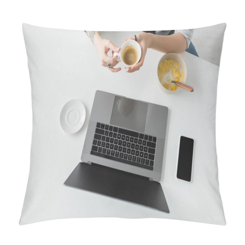 Personality  Top View Of Woman With Tattoo On Hand Holding Cup Of Coffee Near Bowl With Cornflakes During Breakfast While Using Laptop Near Smartphone With Blank Screen In Modern Kitchen, Freelancer, Cropped  Pillow Covers