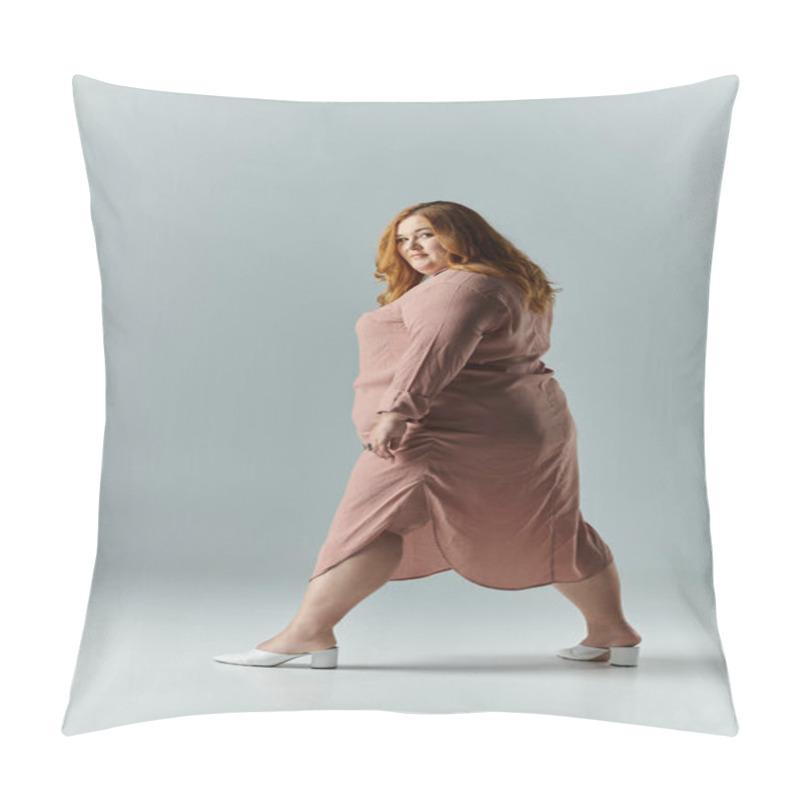 Personality  A Plus Size Woman In A Flowing Pink Dress And White Heels Walks With Purpose, Radiating Confidence. Pillow Covers